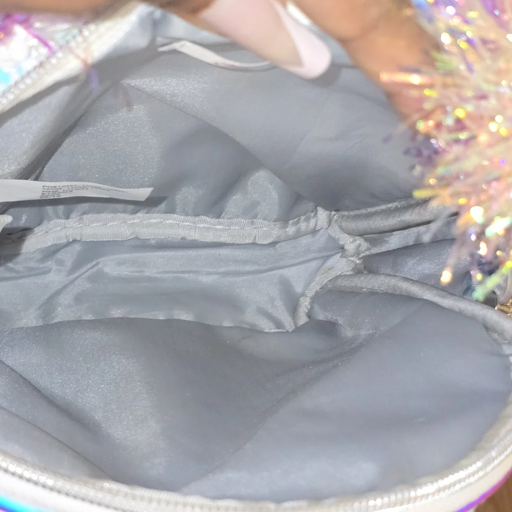 Justice Silver Flip Sequin Mini Backpack T Initial Pompom Metallic Glitter Bag